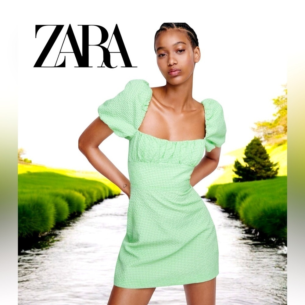 ZARA, Structured Gingham Dress, XS, Green & White